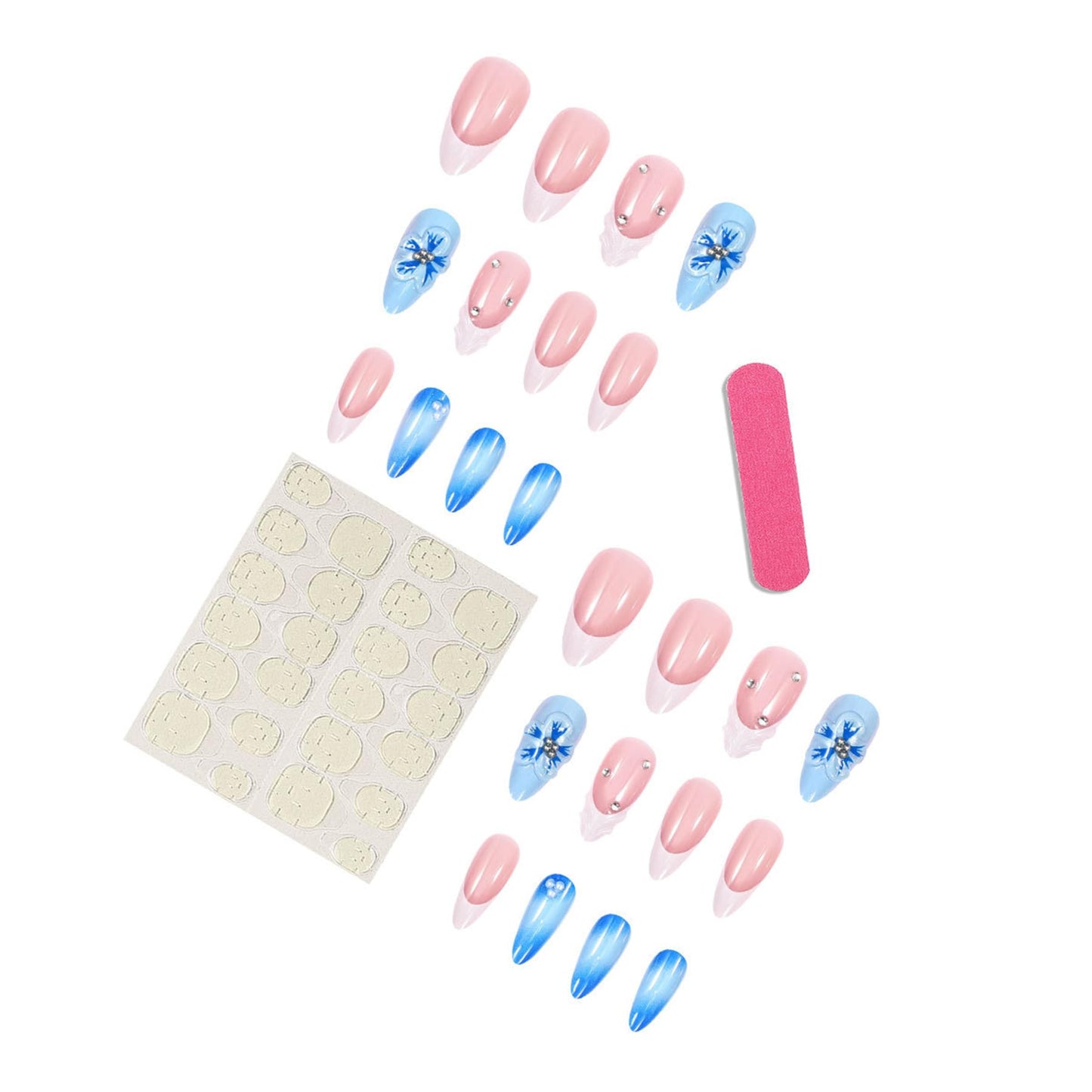 Summer Press on Nails Medium Almond Fake Nails with 3D Floral Rhinestone Design Blue Flower False Nails Press ons White French Artificial Acrylic Stick on Nails for Women Girls Maicure
