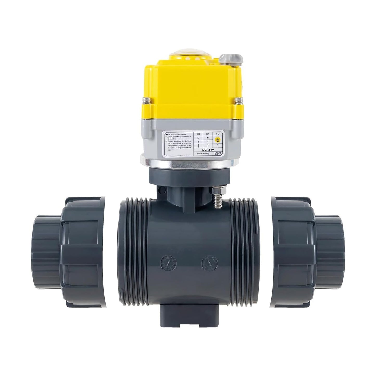 Electric ball valve 1/2 inch full bore 2-way PVC union ball valve, DC24V AC110V-230V power adapter and automatic return setting. Normally closed electric water valve DN40MM