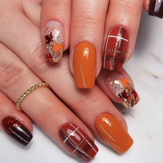 24Pcs Thanksgiving Press on nails Medium Square Fake Nails Maple Leaves Gold Line Design Stick on Nails Glitter False Nails Orange Full Cover Acrylic Glue on Nail for Women Nail Art Decoration