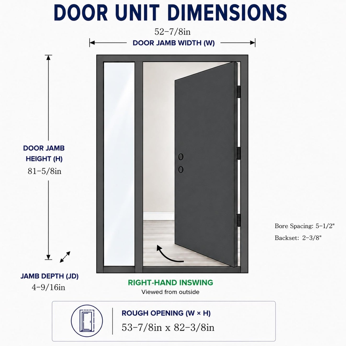 53x80in Fiberglass Front Door with 14in Sidelight, Black Exterior Entry Door for Home, Right-Hand Inswing, Textured Finished with Decorative Glass Knock-Down Door, Vinyl Frame and Brickmould Included