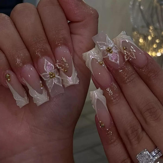 CTTHNBD Press on Nails Square - White French Tip Fake Nails with Flower Butterfly Design - Medium Long False Nails - for Women 24 Pcs