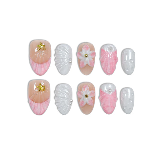 TENPAL Mermaid Press on Nails - Pink French Tips with 3D Shell & Pearl, Summer Floral & Handmade, Reusable Short Oval False Nails for Daily Glam(S)
