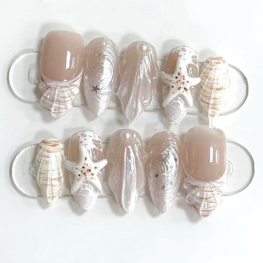Summer Beach Press on Nails Kit Medium Almond Nail French Tip Fake Nails with 3D Pearl Seashell Design Stick on Nails Cute Starfish False Nail Ocean Acrylic Nails Water Ripples Nails for Women 30Pcs