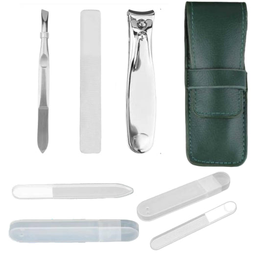 All-in-One Glass Nail File Kit with Case – Compact Vegan Leather Manicure Set with Tweezers, Clippers, Buffer & Cuticle Pusher + 2 Bonus Glass Nail Files in Cases – Travel Gift for Women & Men