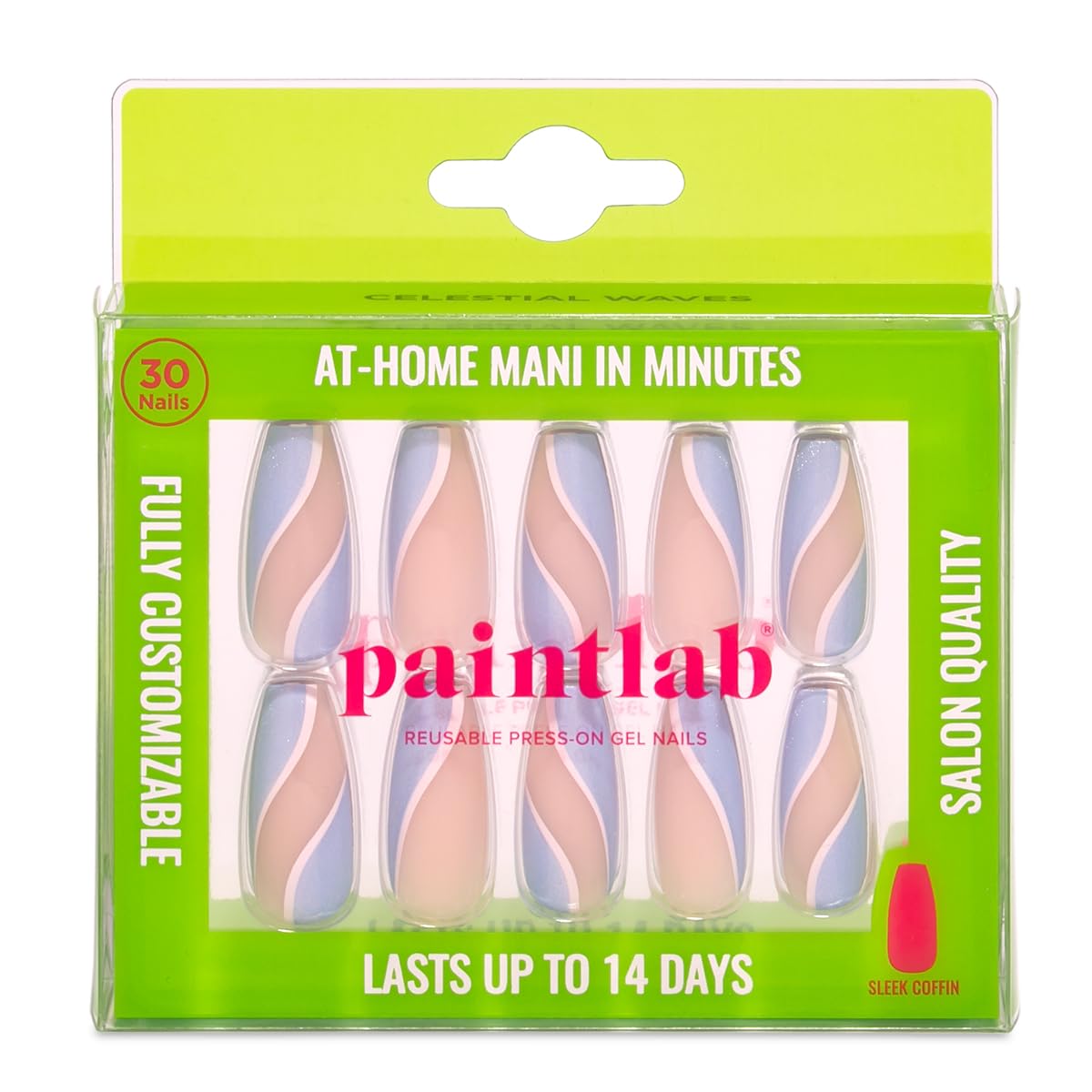 PaintLab Press On Nails - Blue Celestial Waves Coffin Fake Nails, 30 Nails in 15 Sizes with Glue, Reusable Salon Quality Press On Nails