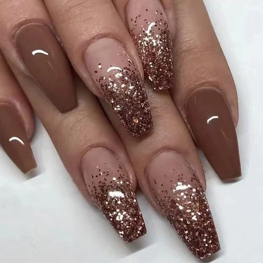 SINHOT Coffin Press on Nails Medium Ballerina Glossy Glue on Nails Brown Gradient Acrylic False Nails Designs 24 pcs