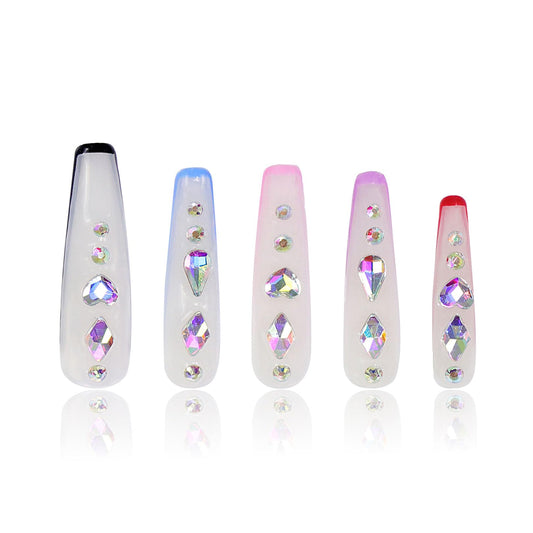 LOVFUL Press on Nails Galaxy Colorful French Tip | Handmade with Full Covered Crystals | Reusable Full Cover Nails | Coffin Mid length 1.7 in | H86-L