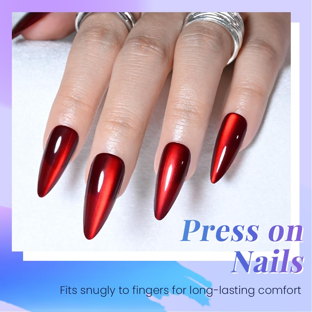 evpct Dark Red Cat Eye Press on Nails Almond Long No Glue, Soft Stick on Nail Almond for Women, Holographic Red Glossy Soft Perfectly Fit Reusable Long Press on Acrylic Fake Nail with Cat Eye Designs