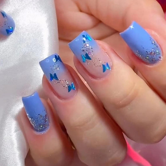 MISUD Press on Nails - Short Square Glue on Nails with Summer Blue, Acrylic Spring Butterfly Design 24 pcs