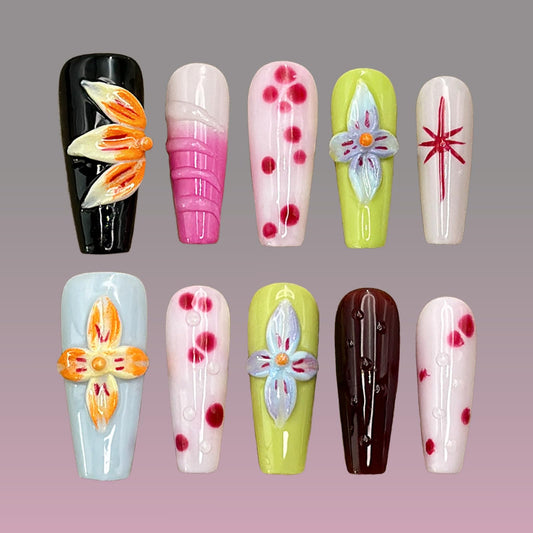 Luxury Press on Nails Medium Coffin Handmade 3D Unique Reusable ABS Material Fake Nails Colorful False Nails with Designs Blue Orange Flower Art Petal Glossy Glue on Nails Thick Acrylic Nails(M)