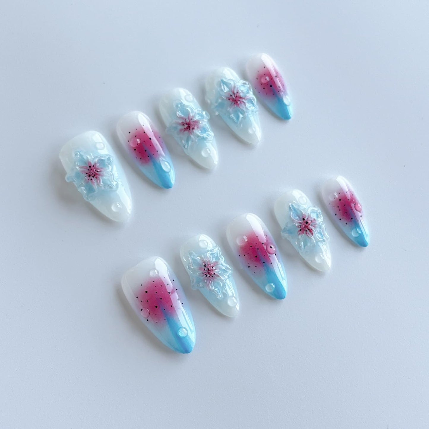 Luxury Press on Nails Medium Almond Handmade 3D Unique Reusable ABS Material Fake Nails Blue False Nails with Designs Pink&Blue Flower Water Drop Art Petal Glossy Thick Acrylic Nails(S)