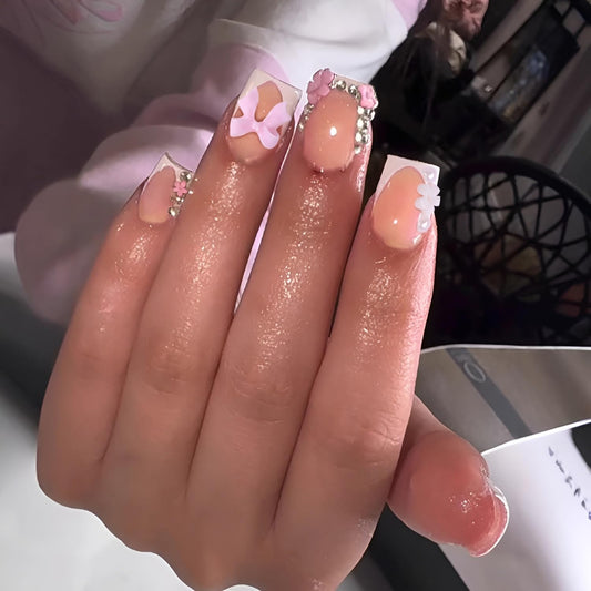 24Pcs French Tip Press On Nails Medium Square Fake Nails Bow Nails Press Ons Rhinestones False Nails With Flower Design Glossy Glue on Nail White French Tip Stick on Nail for Women Set