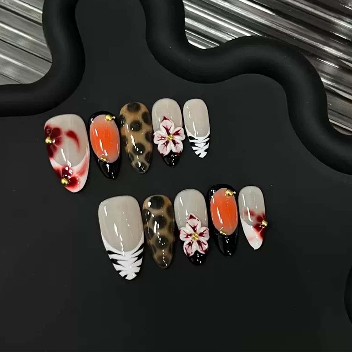 10Pcs Handmade Press On Nails Medium Almond Fake Nails 3D Flower With Gradient Design French Tip False Nail Full Cover Floral Stick On Nail Acrylic Glossy For Women Manicure(SIZE:M)