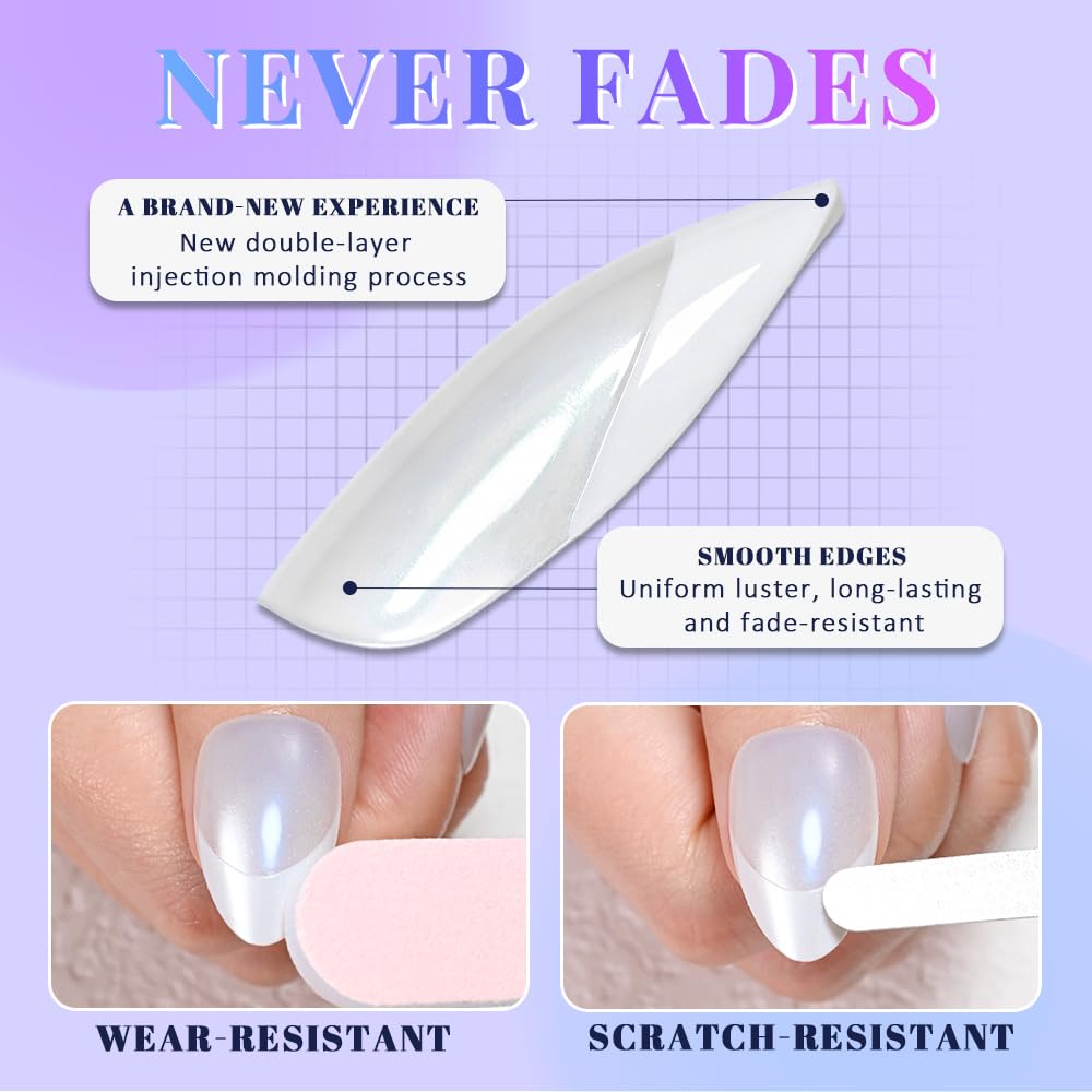 evpct Mauve Cat Eye French Tip Press on Nails Almond Medium No Glue, White French Tip Medium Almond Holographic Stick on Nails for Women, Reusable Full Cover Soft Press on Nail Perfectly with Design