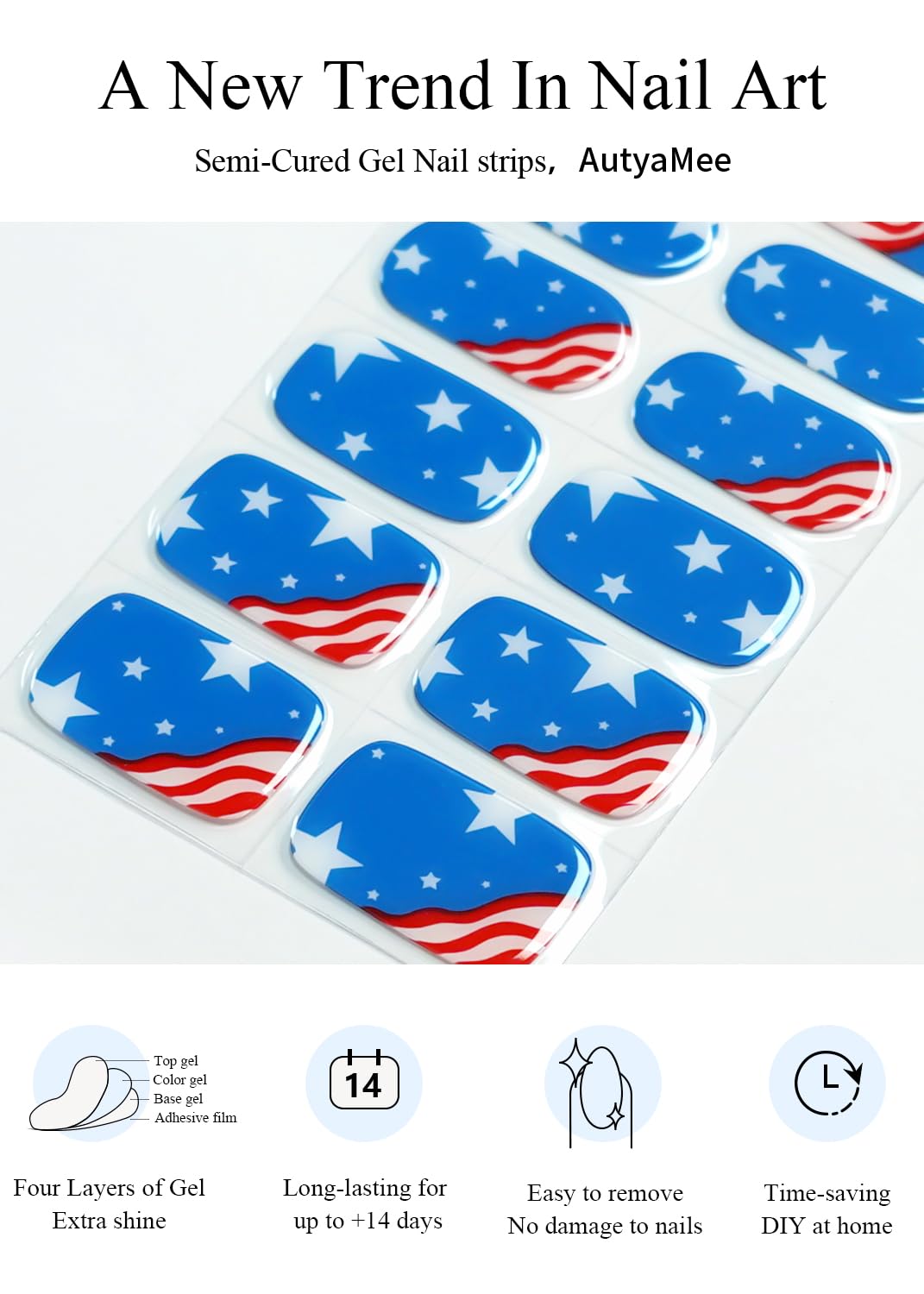 AutyaMee Semi Cured Gel Nail Strips (American Flag-01), 4th of July, 20 Pcs Gel Nail Wraps, Stickers, Salon Quality, Sun-Cured or UV-Cured
