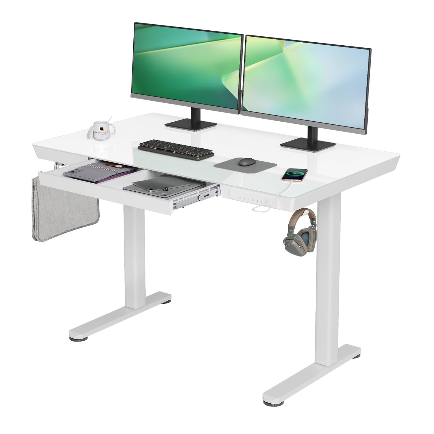 YDN Glass Standing Desk with Drawers, 48 x 24 Inch Electric Stand Up Desk with USB Ports, Adjustable Height for Home Office, White