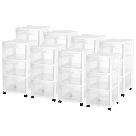 Sterilite 8 Pack Plastic Storage Organizer, 3 Drawer Rolling Bin Cart, Closet Organization, White