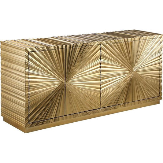 Meridian Furniture Golda Collection Modern | Contemporary Gold Leaf Sideboard/Buffet with Intricate Hand Carved Starburst Design, 66" W x 18" D x 31" H