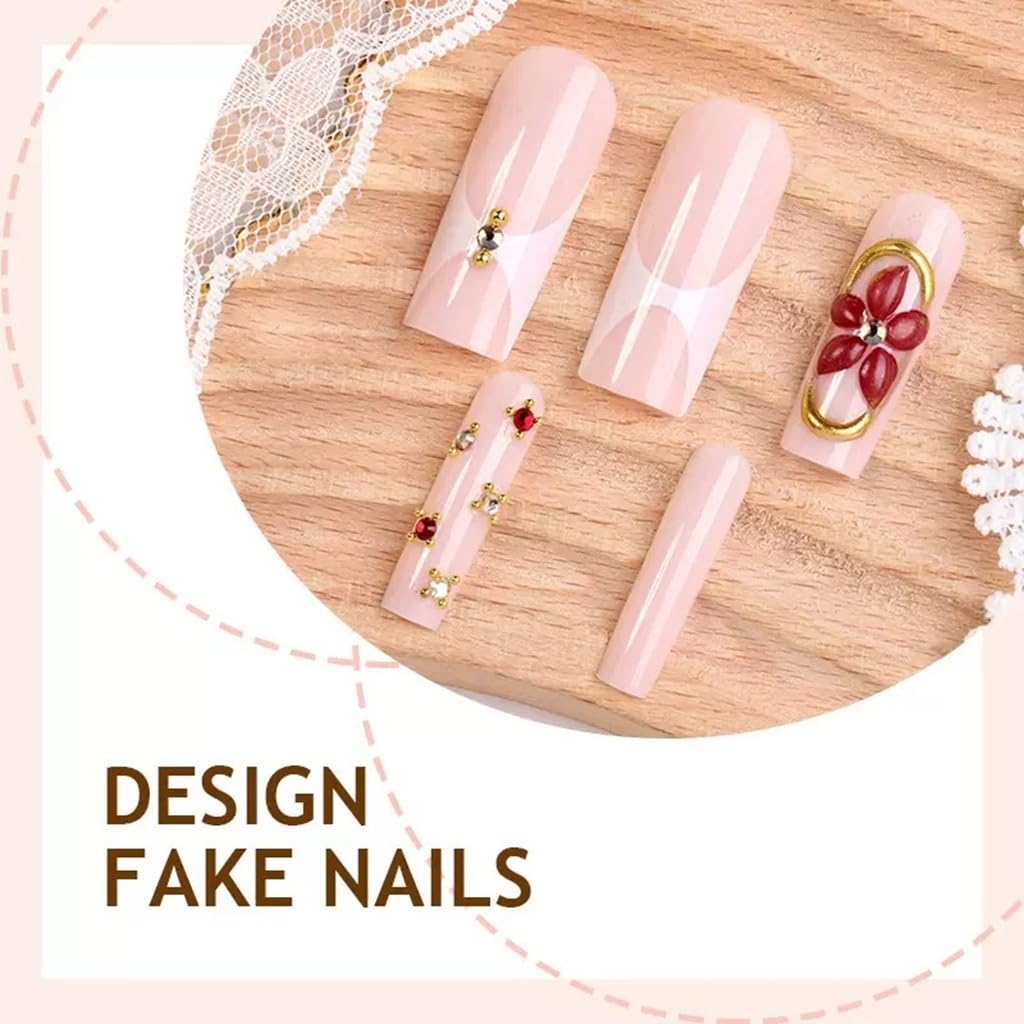 Long Coffin Press on Nails - Flower Fake Nails with Gold Line Design - Rhinestone, Elegant Full Cover Stick on False Nails for Women 24 Pcs