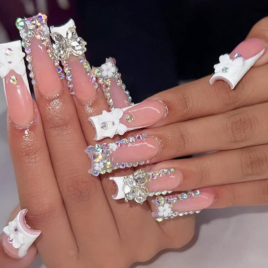 Hrnsnails Long Square Press On Nails French Tip White Fake Nails with Butterfly Charm Rhinestones Nail Press Ons Design, Artificial False Nails Press On Nail Kit Stick On Nails for Women