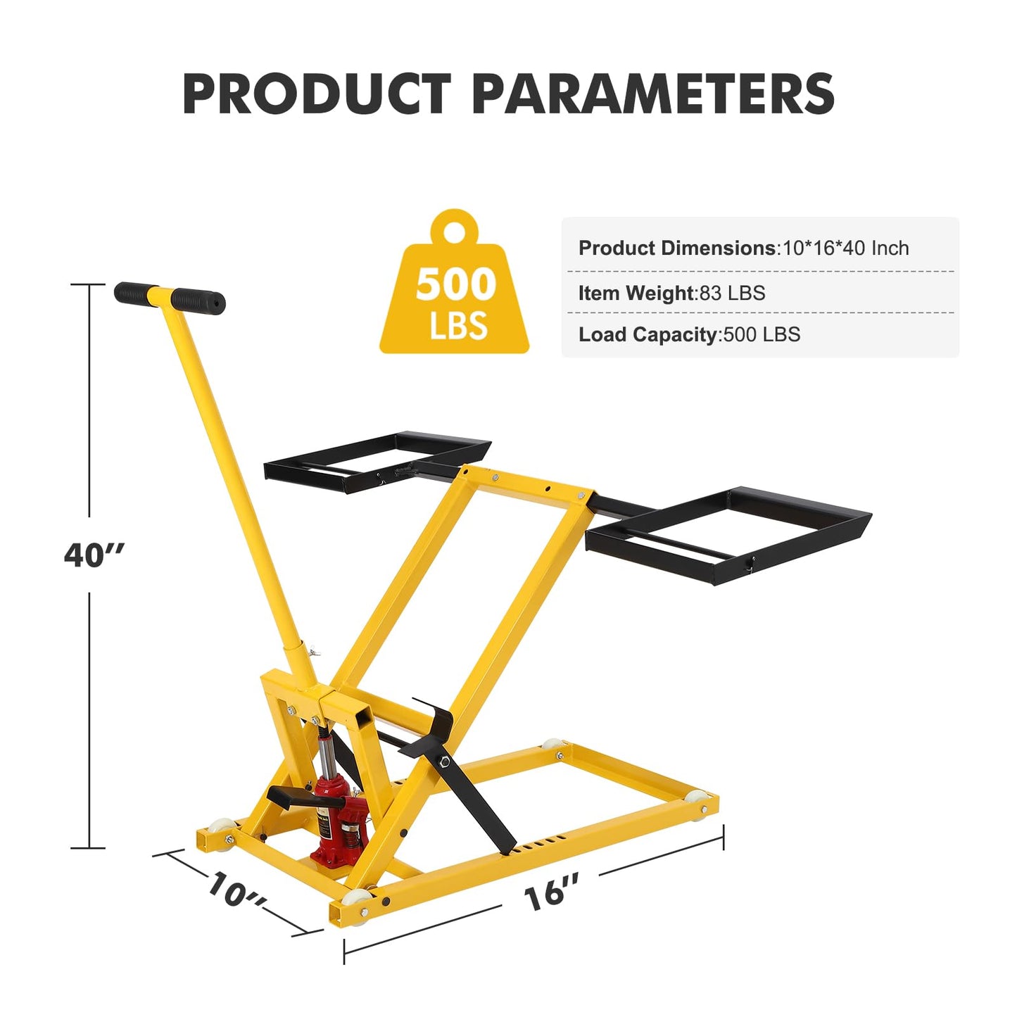 Lawn Mower Lift Jack, Hydraulic Lawn Mower Lift, 500 LBS Capacity, 26-1/2 Telescopic in Lift Riding Lawn Mower Maintenance, for Riding Tractors and Zero Turn Lawn Mowers (Yellow)