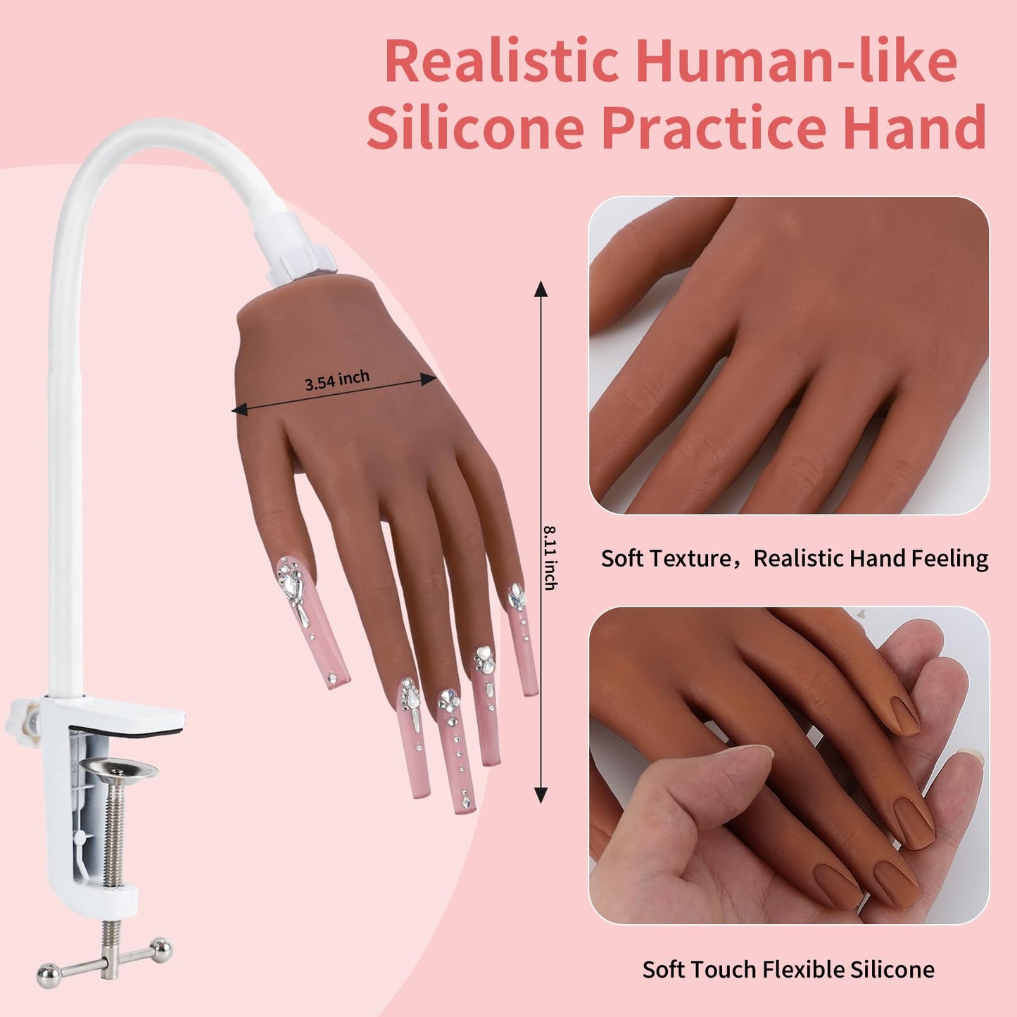 Silicone Practice Hand for Acrylic Nails: Soft Touch Liquid Silicone - Flexible Realistic Nail Mannequin Hand Practice for Training (BROWN)