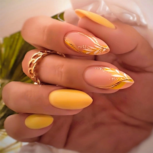 Almond Press on Nails Medium Fake Nails GoldFalse Nails Floral Artificial Nails with Designs Floral Stick on Nails for Women 24pcs
