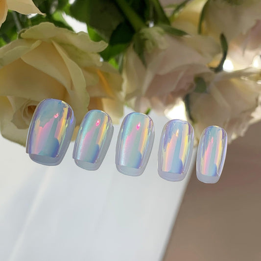Incantevole Cat's Eye Press On Nails (30PCS；SIZE：XS-S-M), Short Square Fake Nails, Handmade Nails, Gradient Coated False Nail Tips (Mirror Finish Blue-Pink)