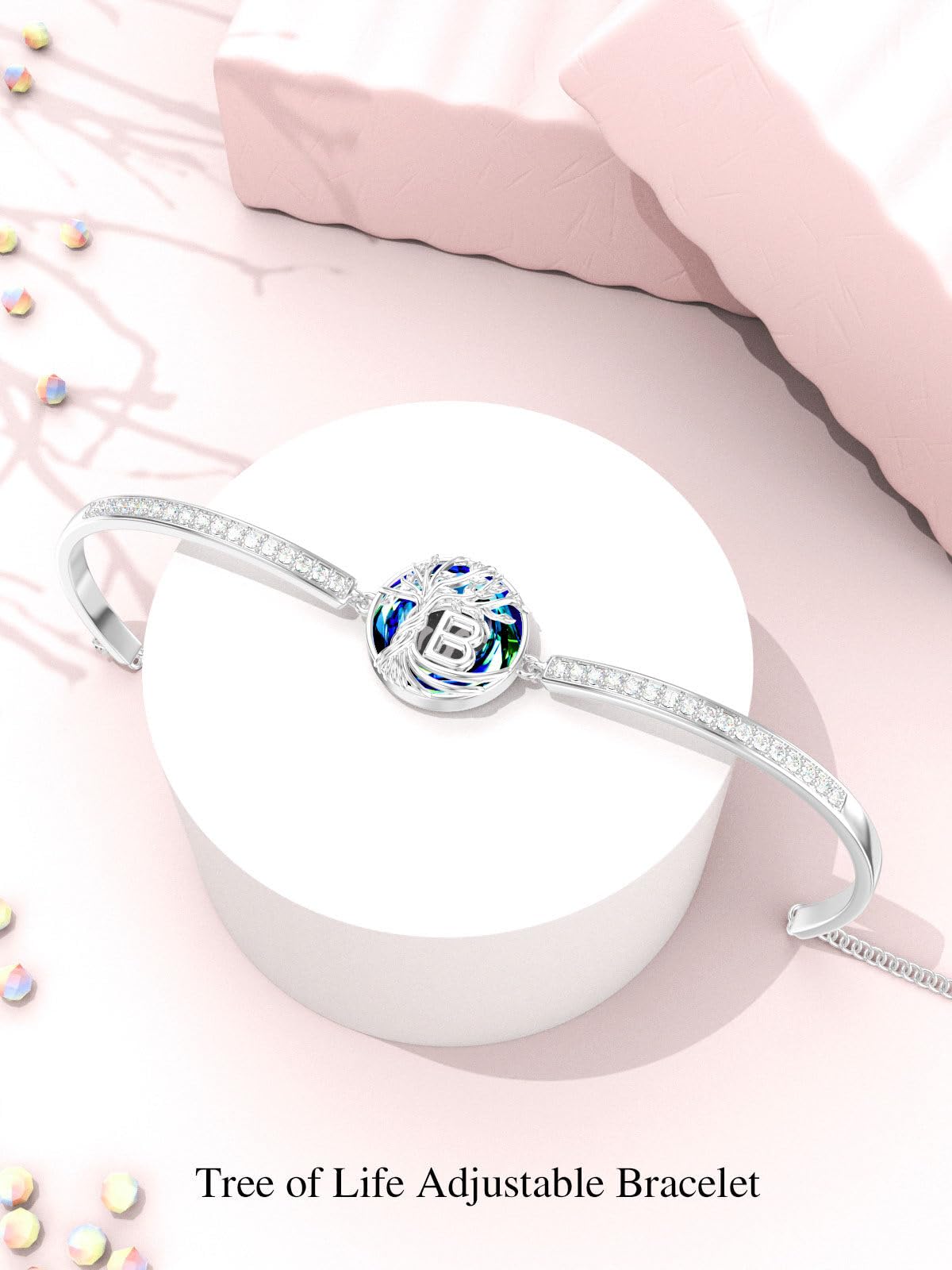 TOUPOP Tree of Life Bracelet Sterling Silver Initial B Letter Bangle Bracelet Family Tree Blue Crystal Jewelry Mothers Day Birthday Gifts for Women Mom Wife