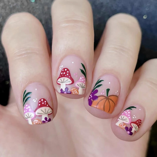 EYZOTSF Thanksgiving Press on Short Square Nails Acrylic Fall False Nails with Maple Leaf Designs Artificial Autumn Leaves Square Fake Nails Holiday Glue Stick ons Fingernails for Women(YS711)