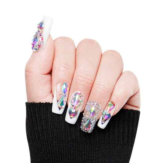 LOVFUL Reusable Press on Nails | Aurora Light | Salon Quality Sustainable Style Handmade with Full Covered Crystals | Square Regular 1.0 in | H36-L