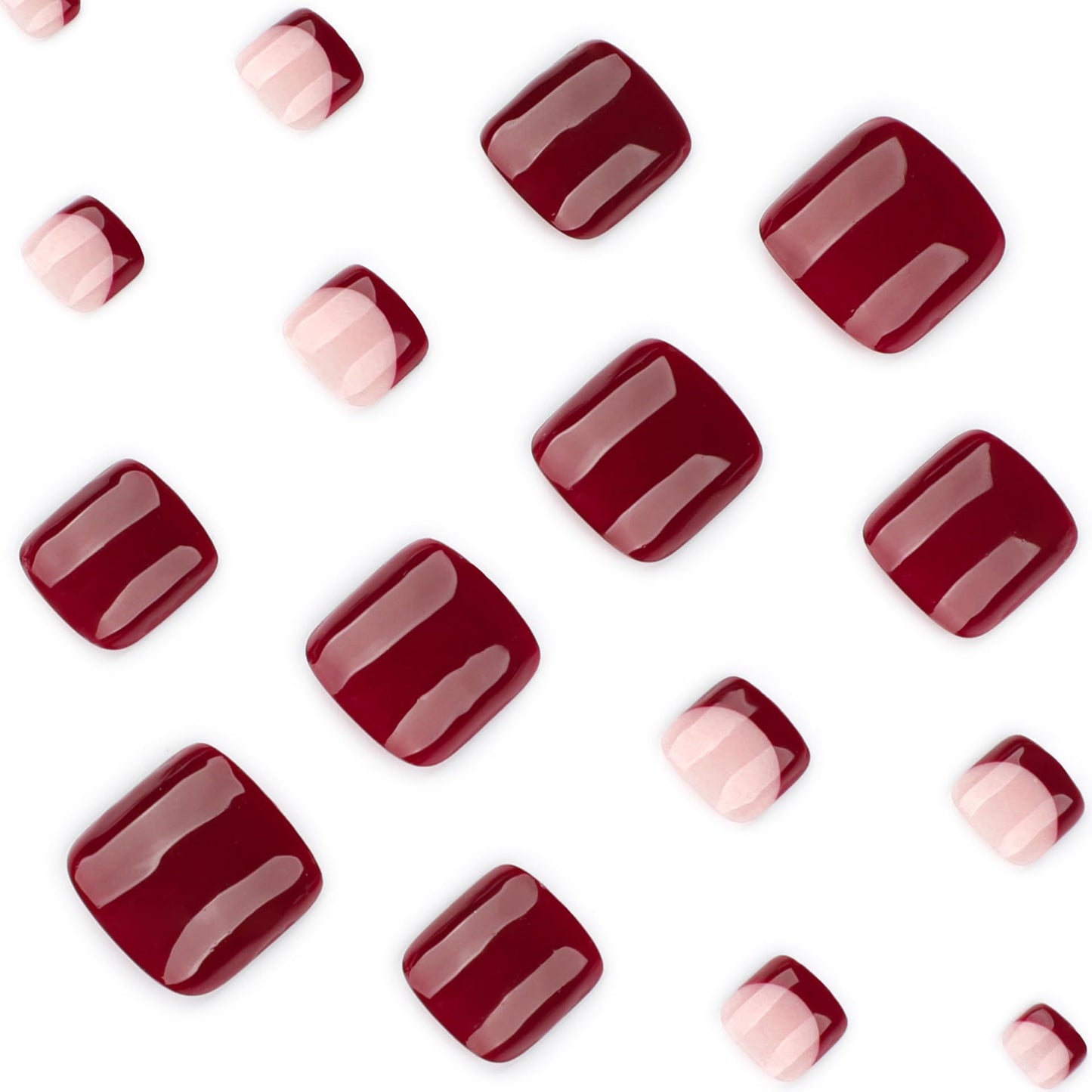 Wine Red Press on Toenails Short Square Fake Toe Nails Red French Tip False Toenails Glossy Full Cover Acrylic Toe Nails Stick on Nails for Woman 24Pcs