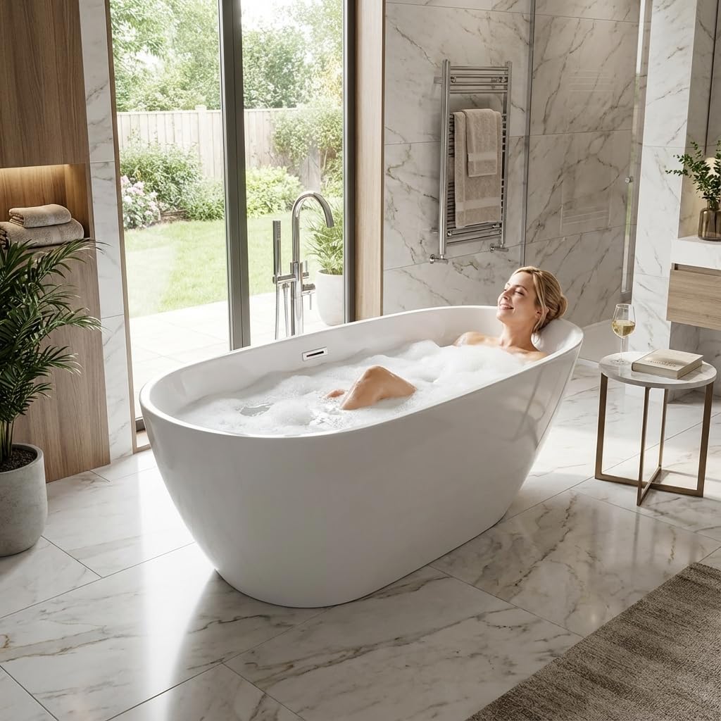 67"Freestanding Bathtub, Acrylic Deep Soaking Tub, Non-Slip Acrylic Tub with Chrome Overflow and Drain, CUPC Certified, Ergonomic Modern Bath for Bathrooms, Easy-Install