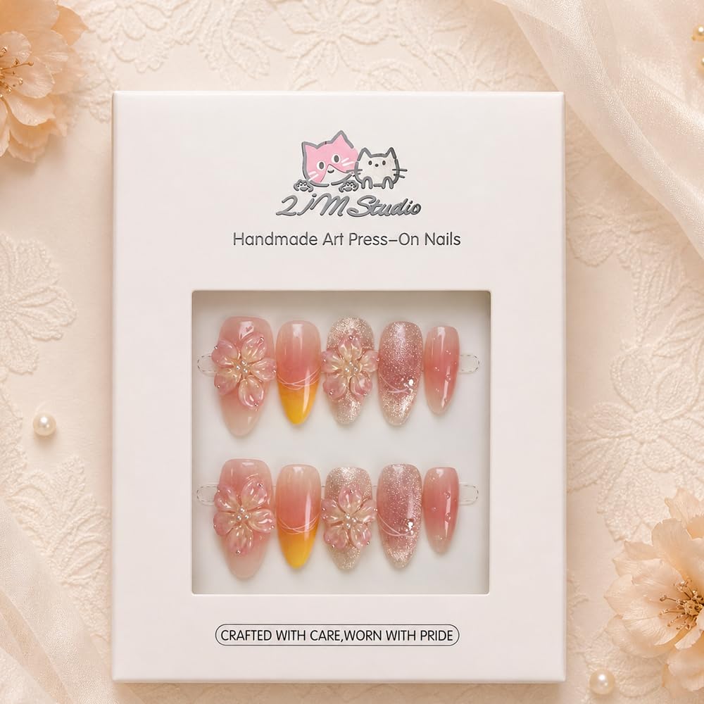 2IM Studio Handmade Press On Nails – 10 Piece Soft Gel Nail Kit with Glue & Tool Set, Reusable Artisan Nails, Salon-Quality Finish (Peach Pearl-S)