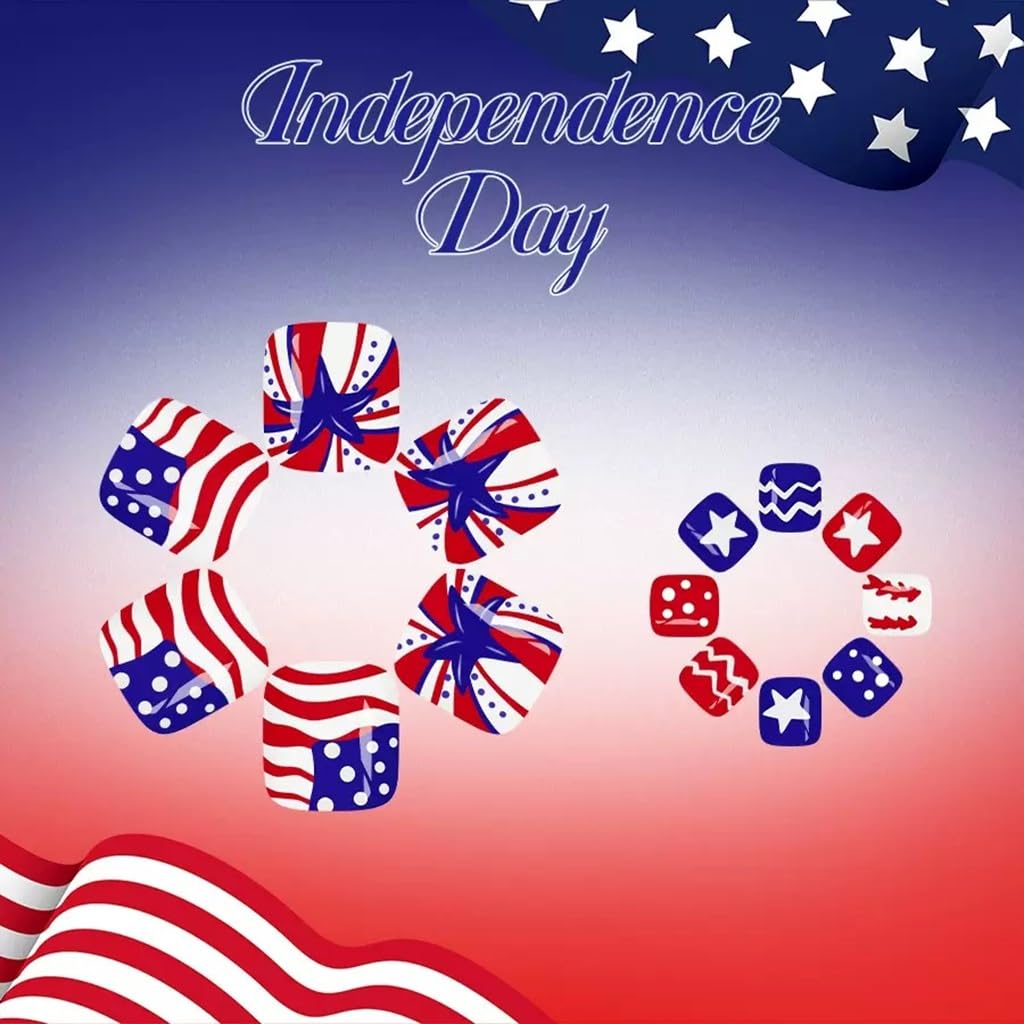 CTTHNBD Press on Toenails - 4th of July Fake Toenails with Star Line Design - Blue, Red, Independence Day Press on Toe Nails for Women - 24 Pcs