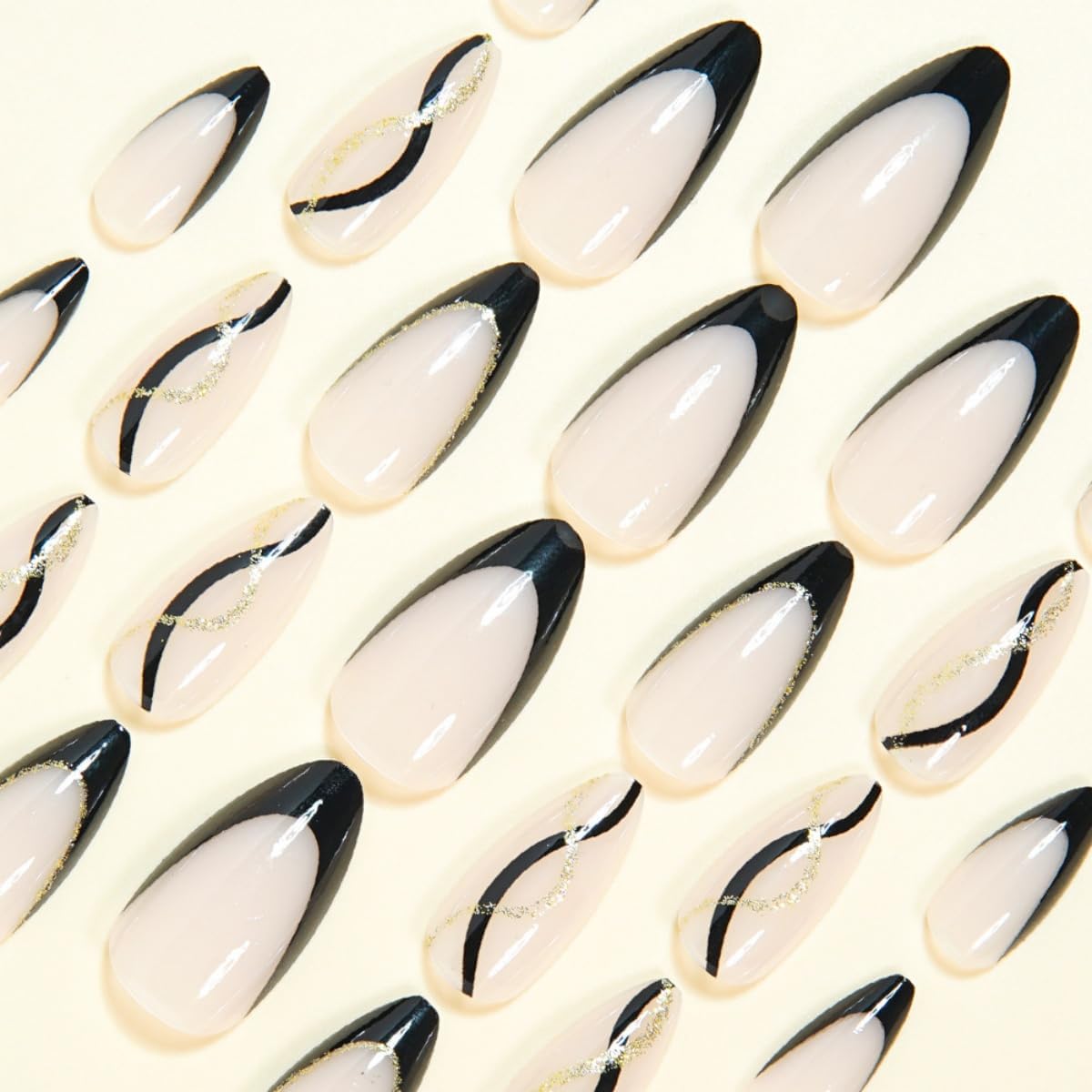 Black Press on Nails - French Tip False Nails with Gold Line Design - Almond Fake Nails Press ons - for Women 24 Pcs