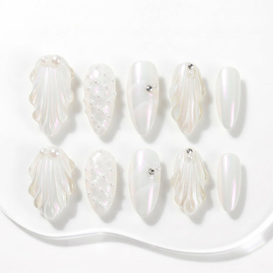 Sun&Beam Nails Handmade Press On Nail Medium Long Almond Oval Pink White Pearl Shell Fake Tip 3D Design Art Charms Cute with Storage Box 10 Pcs (#030 M)