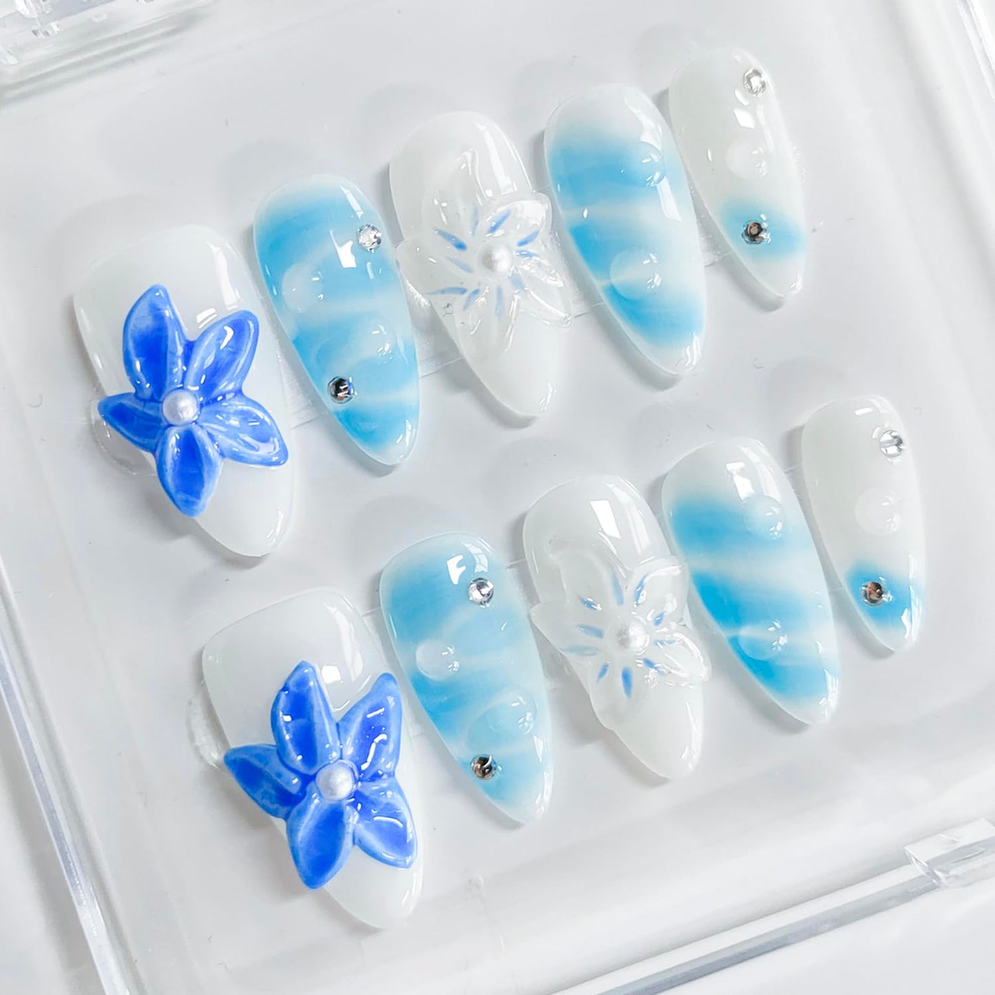 Handmade Nails Almond Press on Nails Medium Length 3D Floral Thick Acrylic Fake Nails Blue&White False Nails with Rhinestones Pearls Designs Summer Nail Art Press on Nails 10Pcs(M)