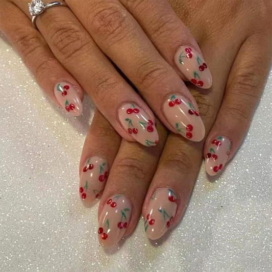 Cute Cherry Press on Nails Short Fake Nails Almond False Nails with Glossy Designs Nude Pink Acrylic Glue on Nail Reusable Holiday DIY Nail Art for Women Girls 24Pcs Stick on Nails