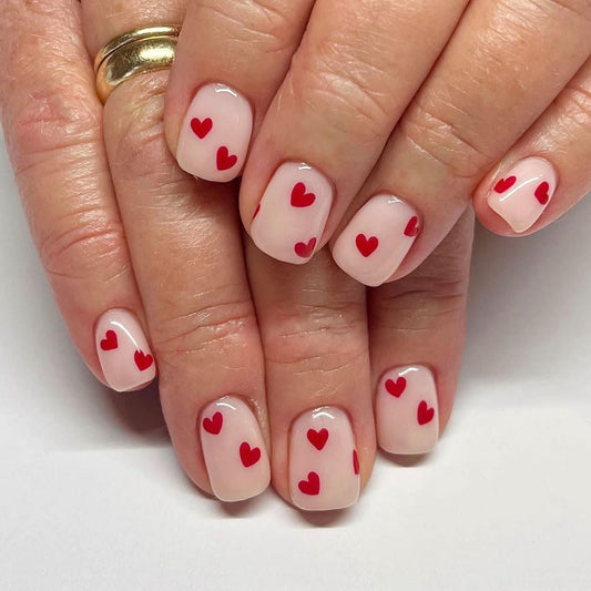 CEWEWP 24Pcs Valentines Press on Nails Short Square Red Heart Fake Nails with Design Valentines Day Glue on Nail Acrylic Nails White False Nails Full Cover Stick on Nail for Women Girls
