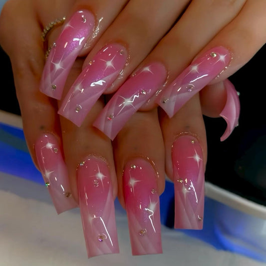 Curved Press on Nail Pink Fake Nails Glitter Acrylic Press ones with Rhinestones designs White French Tip False Nails Glossy Full Cover Cute Stick on Nail Gel Long Square Glue on Nails for Women