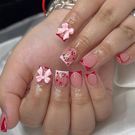 CTTHNBD Press on Nails Short - Square Fake Nails with Strawberry Design - Red French Tip False Nails Press ons - for Women 24 Pcs