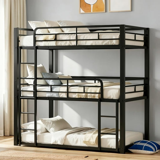 Mixcous Heavy Duty Triple Bunk Bed, Twin Over Twin Over Twin Metal Bunkbeds with Ladder, Family-Friendly for All Ages, Bedroom, No Box Spring Needed, Easy Assembly, Black