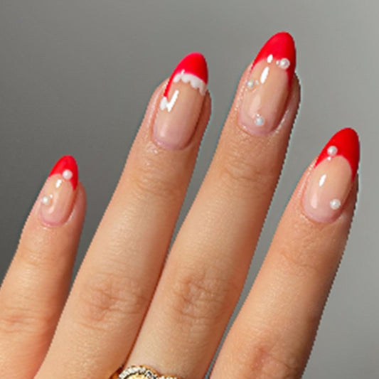 Christmas Press on Nails Medium Almond Fake Nails with Pearl Designs French Tip Nails Press ons Glossy Xmas Red Nude Glue on Nail Winter Artificial Stick on Nail for Women 24 Pcs