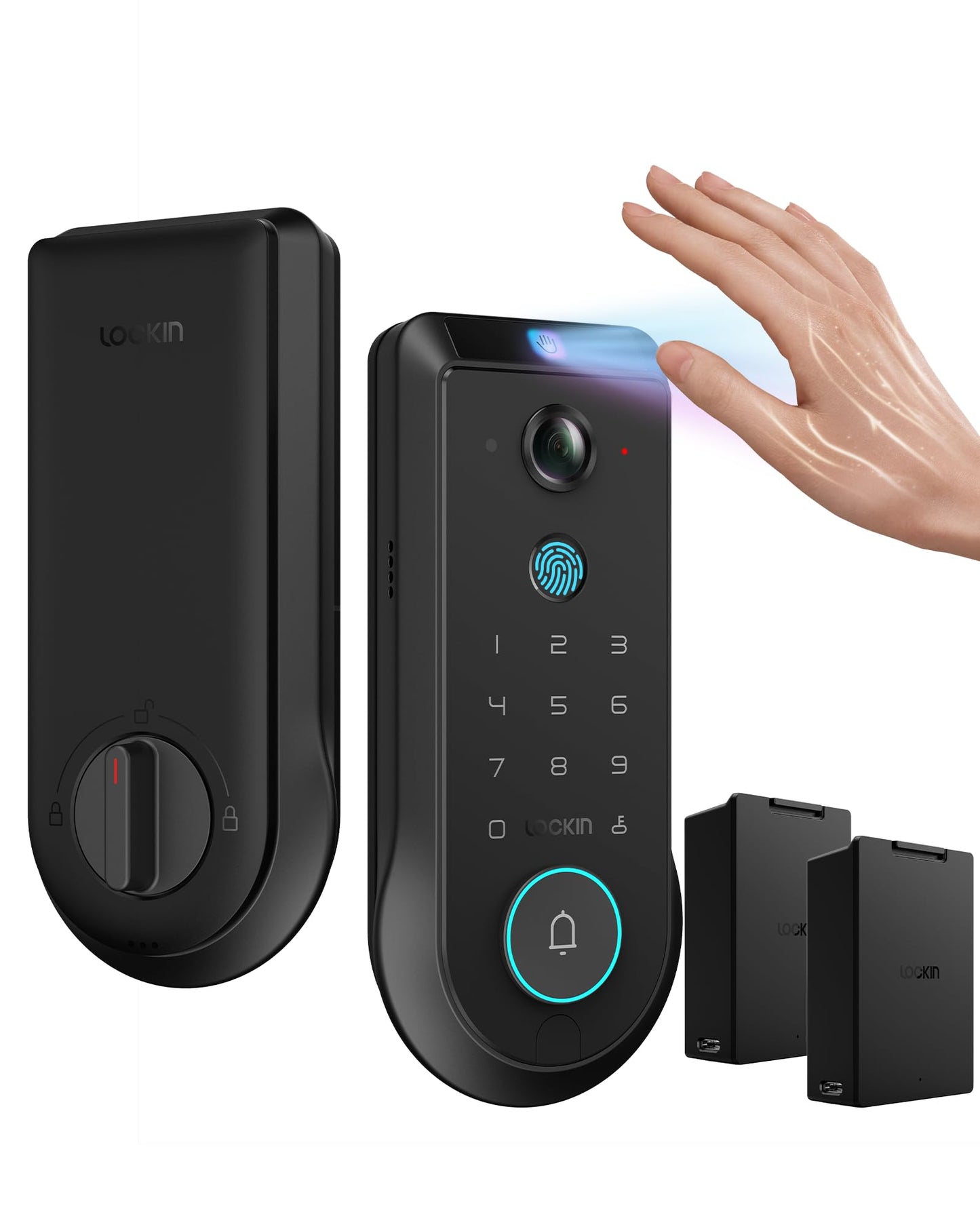 Lockin Veno Pro Smart Deadbolt Lock with Dual Swappable Batteries for 6-Month Extended Power, Palm Vein & Fingerprint Keyless Entry, Built-in Wi-Fi, Doorbell, App Remote Control, IP65 Waterproof