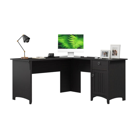 Bush Home L Shaped Desk with Storage for Home Office, Modern Farmhouse Corner Table with Drawers and Cabinets, Salinas Collection, Vintage Black