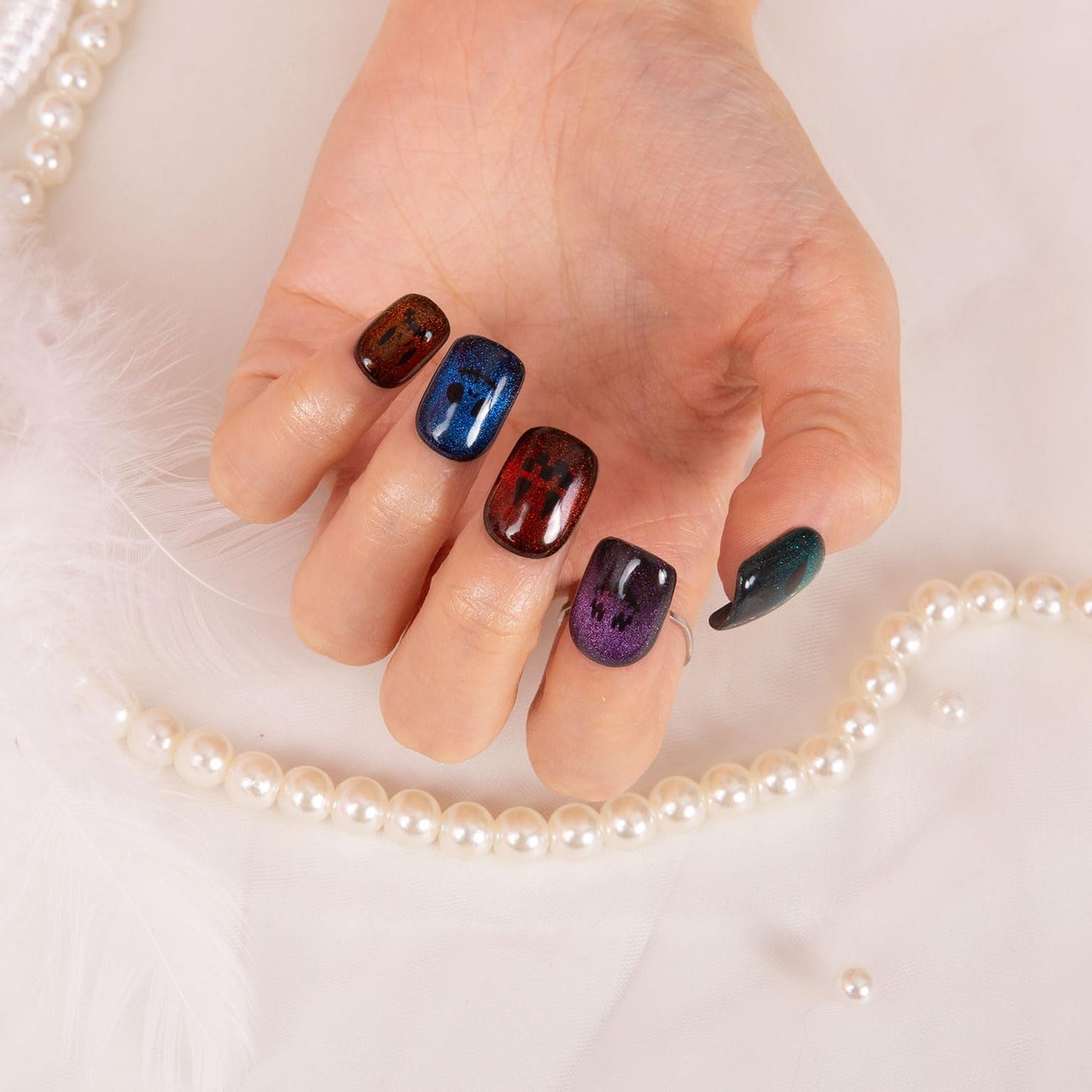 LOVFUL Press on Nails Spectral Jack-o'-lantern| Handmade with Full Covered Crystals | Reusable Fake Nails | Square Short 0.8 in | H336-M