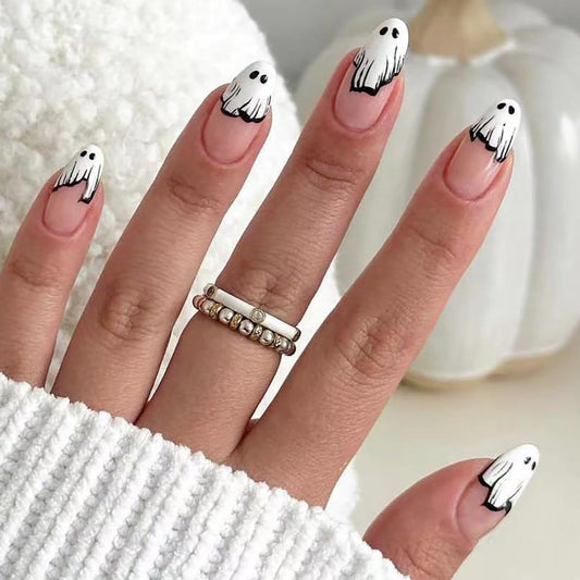 Halloween Press on Nails Ghost French Tips Fake Nails Almond False Nails with Designs White Cute Ghost Acrylic Nails Glossy Glue on Nails Full Cover Stick on Nails for Women Girls 24Pcs