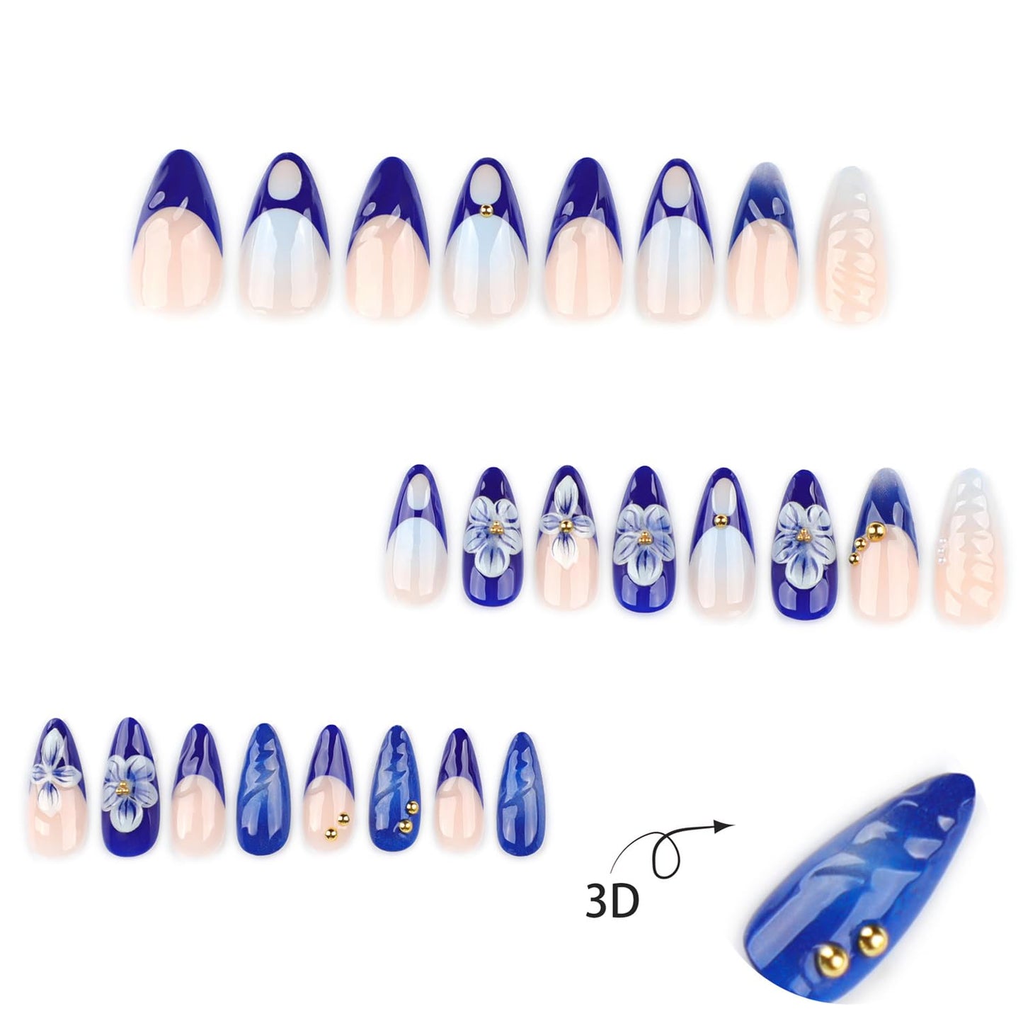 Blue French Tip Press on Nails Medium Almond Fake Nails 3D Gold Carved Ripple Flower Design French Nails Press on Full Cover Nude Stick on Nail Cute False Nail Floral Almond Shaped for Women