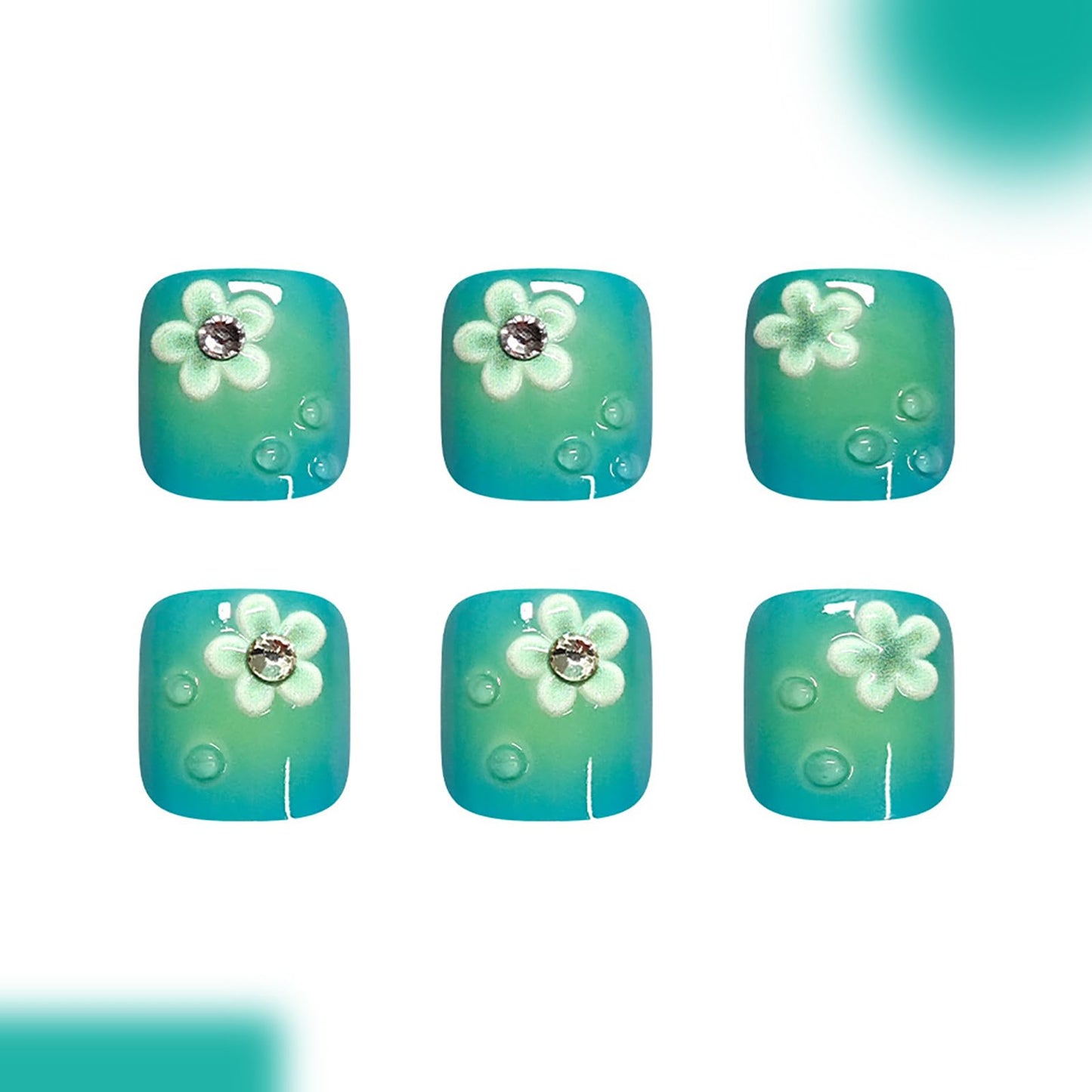 24Pcs Spring Summer Press on Toenails,Short Square Fake Toe Nails Green French with 3D Flower Rhinestones Designs Acrylic Toe Nail Press Ons Full Cover Glossy Stick on Toenails for Women